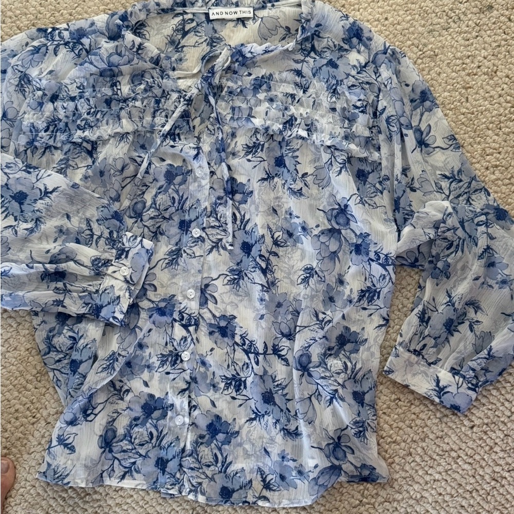 Blue Floral Button-Up Blouse
